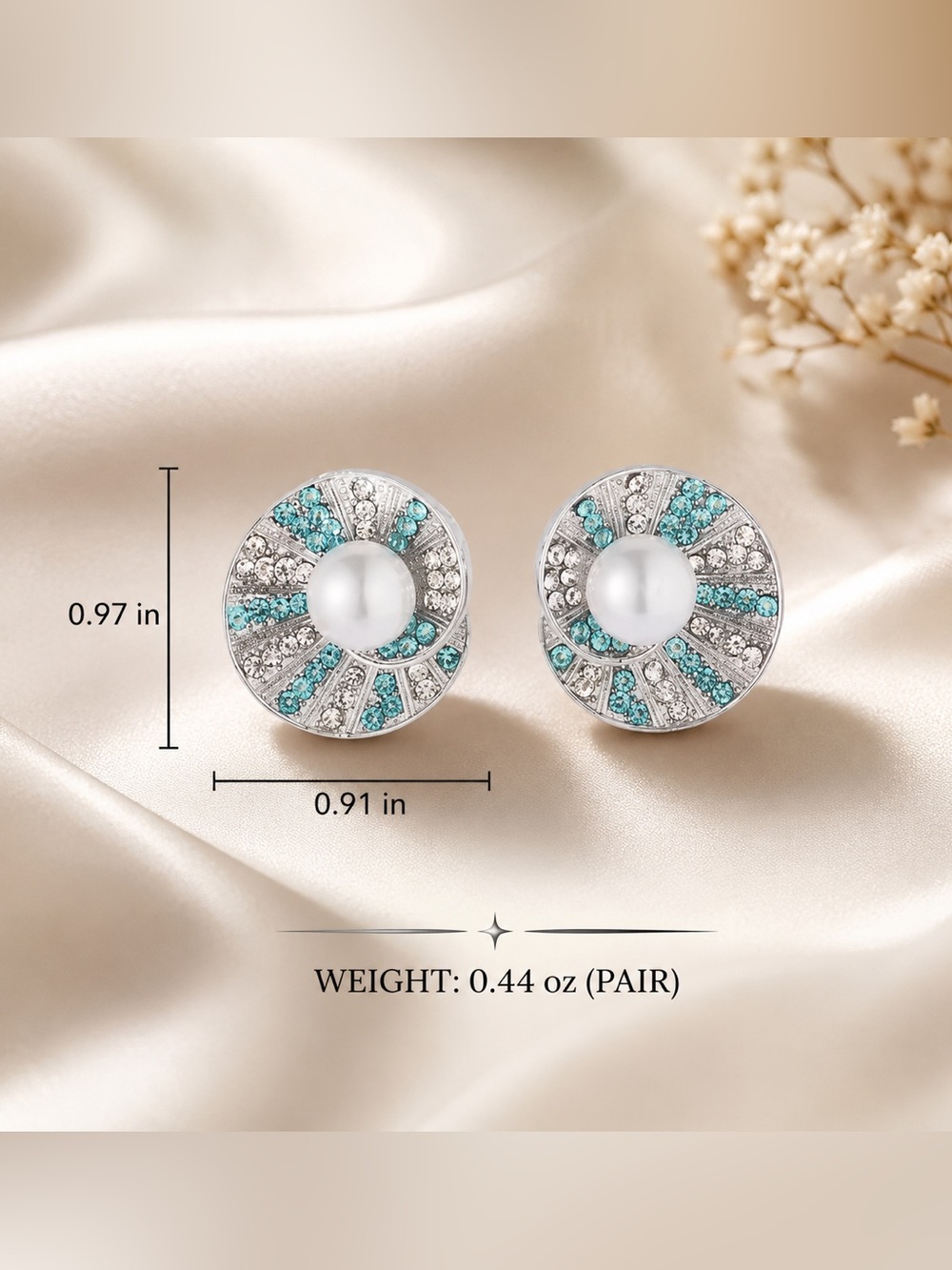 Pearl Center Blue & Silver Crystal Round Stud Earrings NWOT - Picture 5 of 5